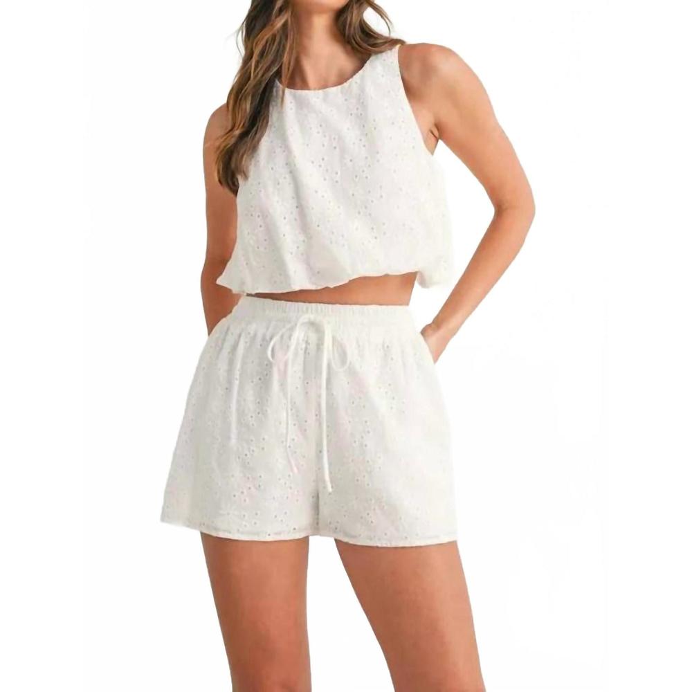 NEW MABLE eyelet bubble hem sleeveless top and shorts set in white